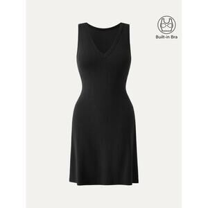 OGL Flattering V-neck A-line New Airy Brami Tank Dress-Black